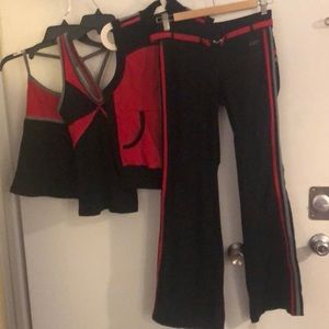 4 piece bebesport workout outfit 2 shirts pant and vest red grey black